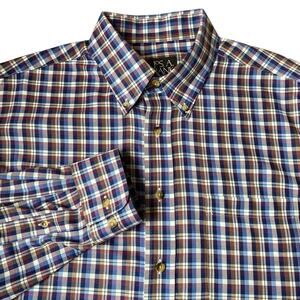 Jos A Bank Travelers Collection Plaid Button Down Shirt Men L Blue Tailored Fit